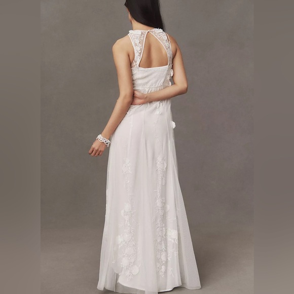 NWT BHLDN Anthropologie Ivory Floral Lace Sheer Maxi Wedding Dress Open Back - Picture 3 of 17